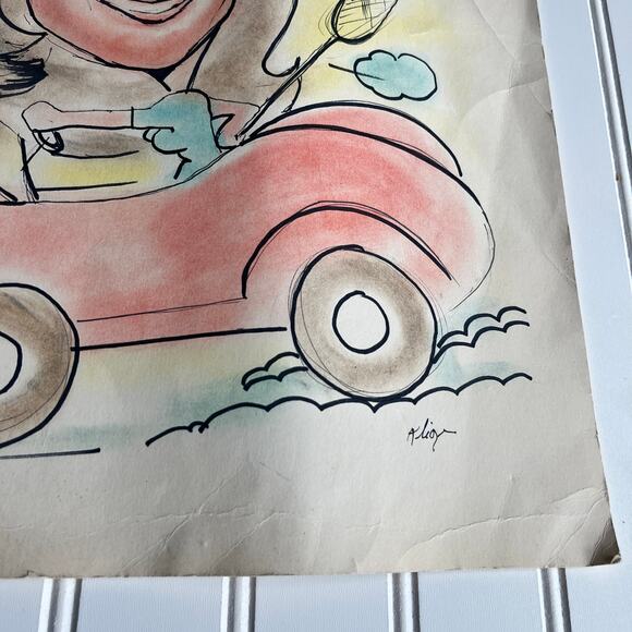 Vintage Original Caricature portrait drawing Women in Red Car 70's 80's Romcom - Picture 8 of 9